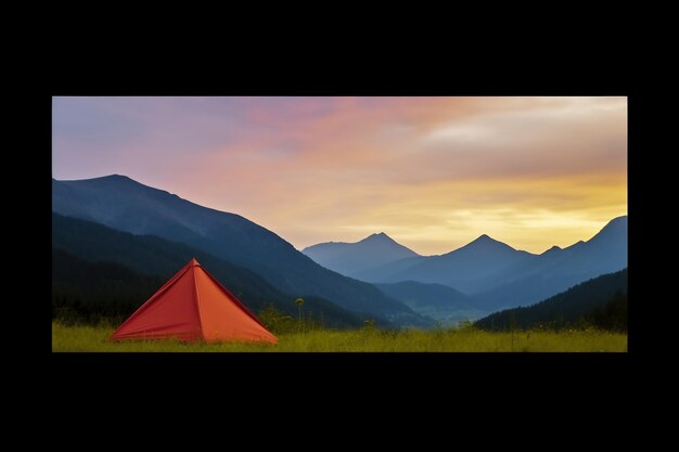 Gloeiende oranje tent in de bergen onder dramatische avondlucht Rode zonsondergang en bergen op de achtergrond Zomerlandschap