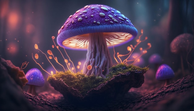 Gloeiende paddenstoel in het bos 's nachts Gloeiende paddenstoellampen met vuurvliegjes in magisch bos
