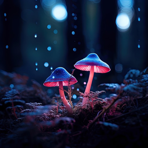 Gloeiende paddenstoelen in het bos in schemeringfantasiestijl