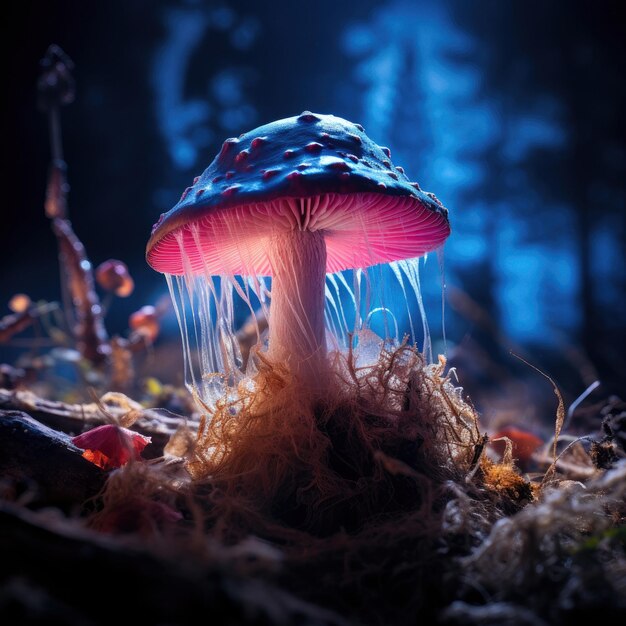 Gloeiende paddenstoelen in het bos in schemeringfantasiestijl