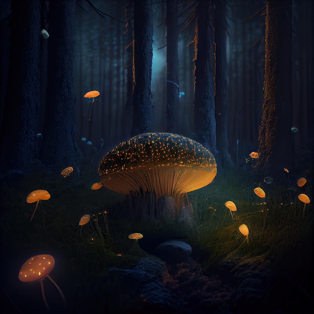 Gloeiende paddenstoelen in het nachtbos Generatieve AI