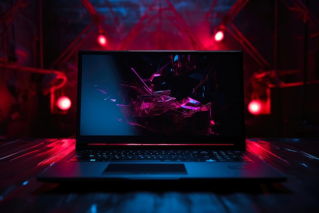 Foto gloeiende rode neon achtergrond met laptop