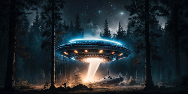 Gloeiende schotelvormige ufo die dicht bij de grond zweeft in een donker bos 's nachts buitenaardse schrijvende hemel gevuld met sterren
