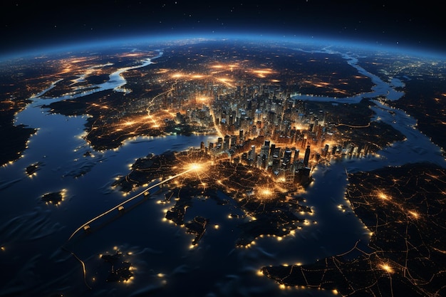 Gloeiende stadsuitbreiding Luchtfoto 3D-weergave van de VS 's nachts gloeiende stadslichten