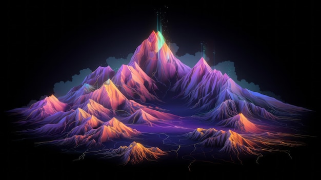 Gloeiende topografische grote bergen Bergen en heuvels in neonlicht