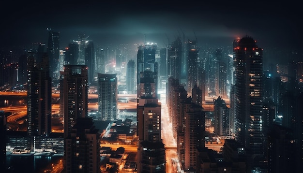Gloeiende wolkenkrabbers verlichten 's nachts de futuristische skyline van de stad, gegenereerd door AI