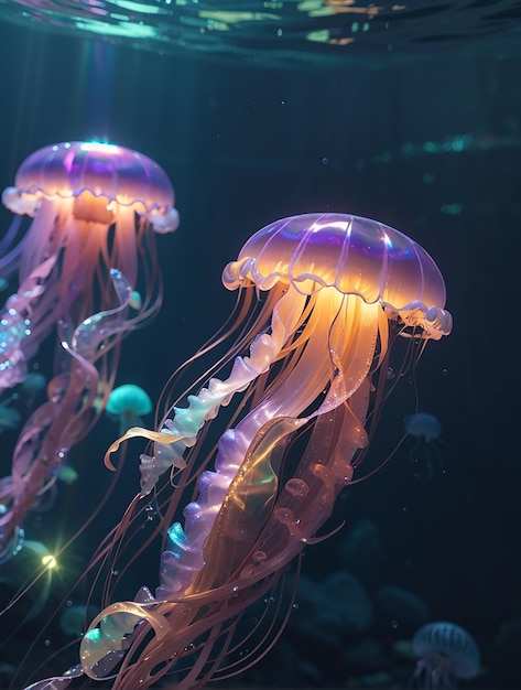 Gloeiende zeemeduizen op een neurale netwerk op een donkere achtergrond