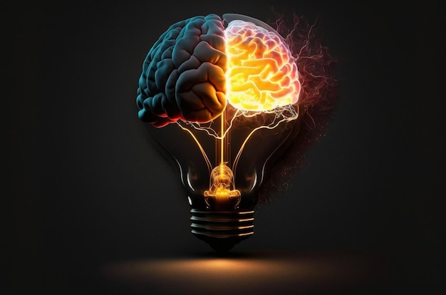 Gloeilamp en menselijk brein met binnenin een gloeilamp is een lichtgevend menselijk brein tegen een donkere achtergrond Generatieve AI