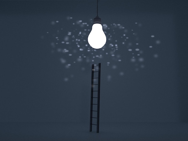 Gloeilamp lamp technologie digitale ladder trap helder creatief idee symbool zakelijke strategie visie vrijheid intelligentie teamwerk baan carrière uitdaging kans toekomstige informatie3d render