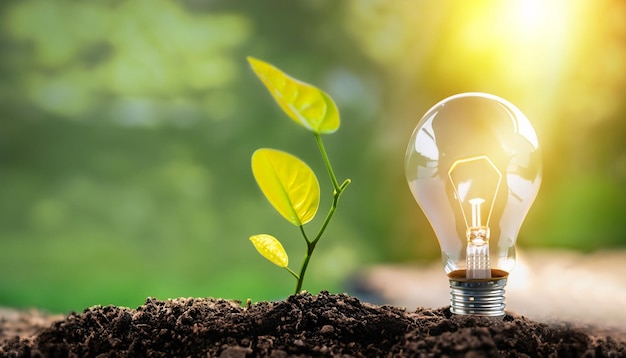 Gloeilamp met boom binnen zonsondergang achtergrond energiebesparing concept hernieuwbare energie