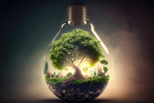Gloeilamp met groene boom binnen met pictogram energiebronnen Elektriciteit en energiebesparing concept