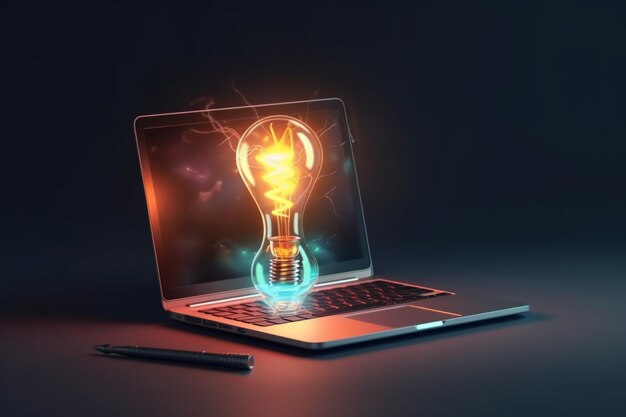Gloeilamp met laptopcomputeridee van inspiratie van online technologie