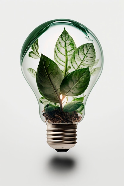 Gloeilamp met plantenbladeren Groene energie Generatieve AI