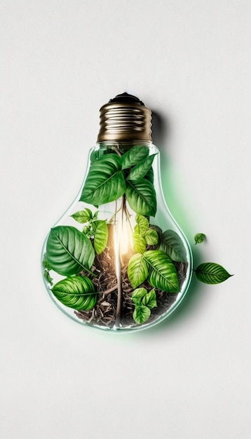 Gloeilamp met plantenbladeren Groene energie Generatieve AI