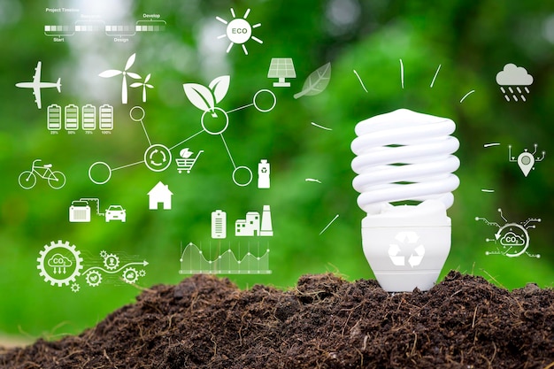 Gloeilamp op groene achtergrond ecologische technologie save earth concept