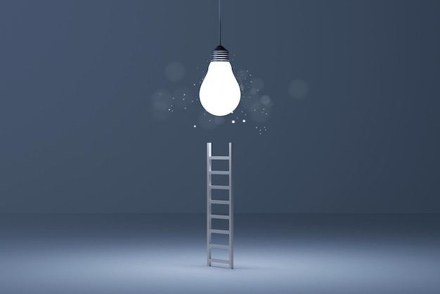 Gloeilamp opheldering en ladder op witte achtergrond Concept van creatief idee en inspireren innovatie Denk anders Opvallen van de menigte 3D-rendering illustratie