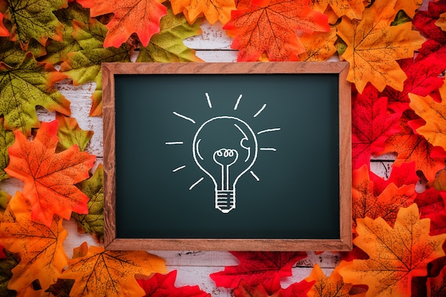 gloeilamp tekening schoolbord op herfst blad textuur achtergrond