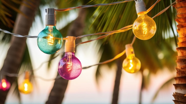 gloeilampkrans die tussen twee palmbomen op een strand hangt