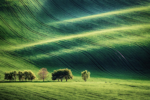 Glooiende zonnige heuvels met velden en bomen geschikt voor achtergronden of wallpapers natuurlijk seizoenslandschap Zuid-Moravië Tsjechië