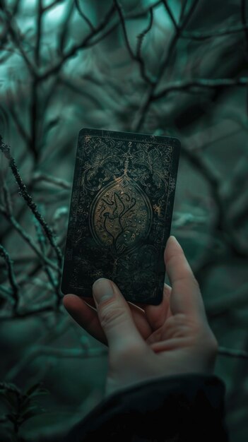 In the gloom a hand holds an oracle card love and death intertwined deeply