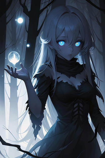 a gloomy anime girl with glowing eyes amidst the shadows holding an energy sphere