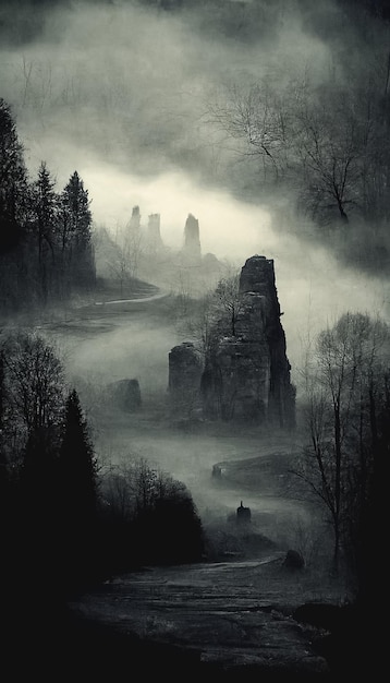 Gloomy atmospheric dark realistic landscape Mystic horror spooky dramatic scene 3D illustration