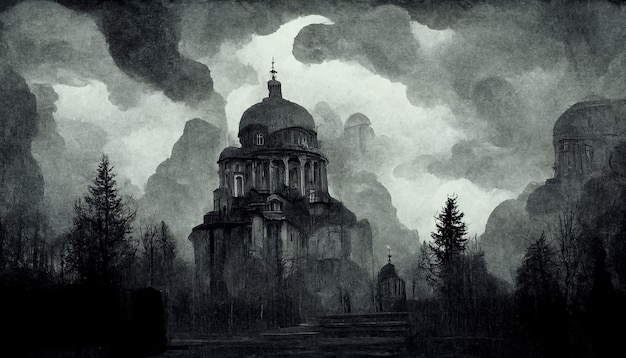 Gloomy atmospheric dark realistic landscape Mystic horror spooky scary surreal dramatic scene