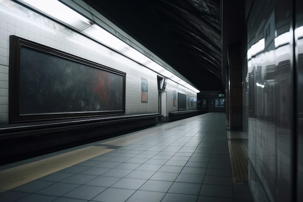 Gloomy and atmospheric subway station with a lonely TV screen or board mockup on the wall