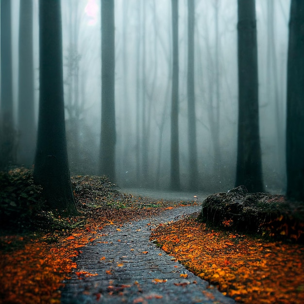 Gloomy autumn forest with fallen leaves