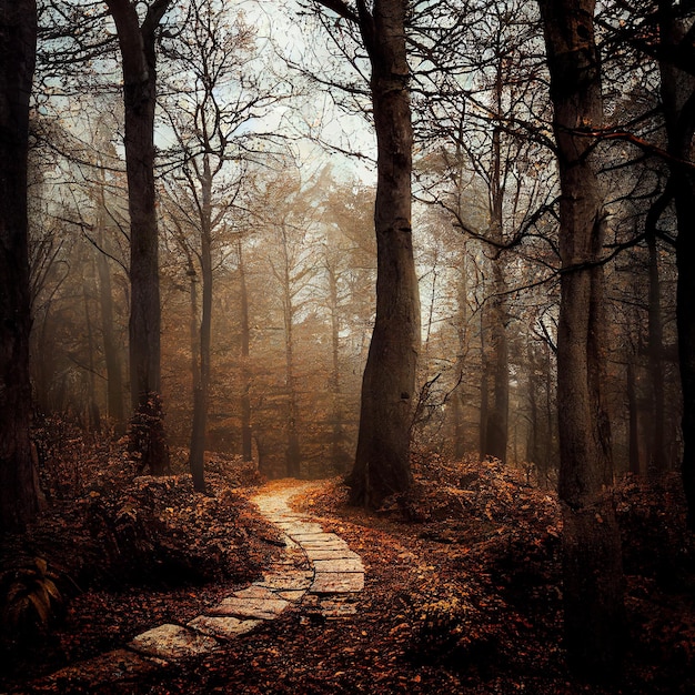 Gloomy autumn forest with fallen leaves