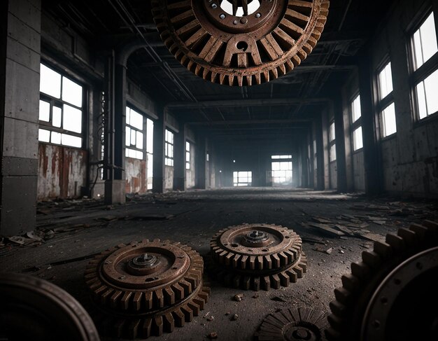 Foto uno sfondo cupo nello stile della distopia e dello steampunk ingranaggi e meccanismi vintage in una fabbrica abbandonata
