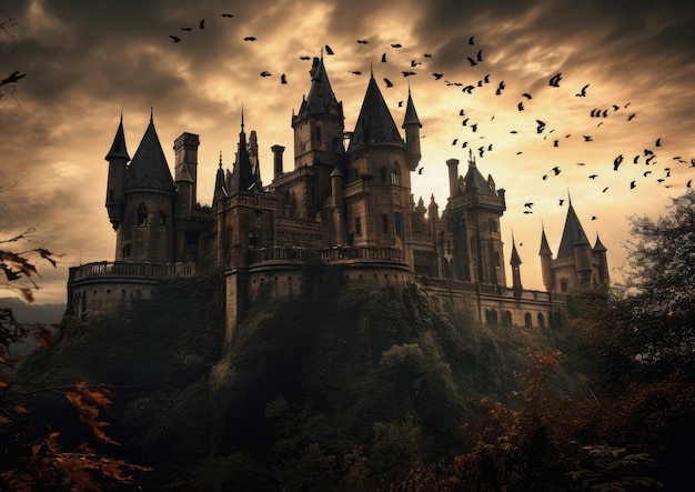 Gloomy bats flying over a haunted castle