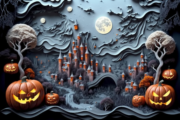 Gloomy castle with smiling pumpkins at Halloween night Generative AI