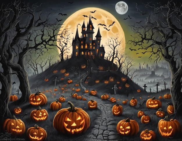 Gloomy castle with smiling pumpkins at Halloween night Generative AI