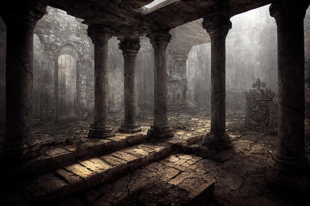 Gloomy columns on empty grave in old religious style