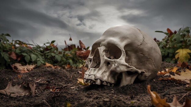 Gloomy cranium placed on soil