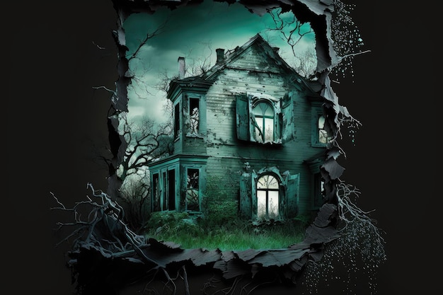 Мрачный жуткий дом ужасов с разбитым окном и облупившимися стенами