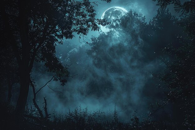 Photo gloomy dark forest with moonlight smoke and shadows