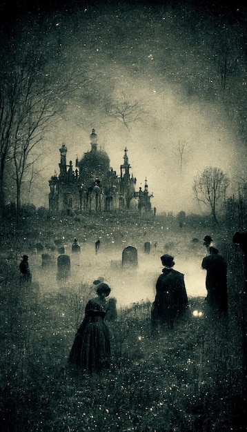Мрачный темный пейзаж в старом викторианском стиле фото Призраки в заброшенных церковных руинах 3D иллюстрация