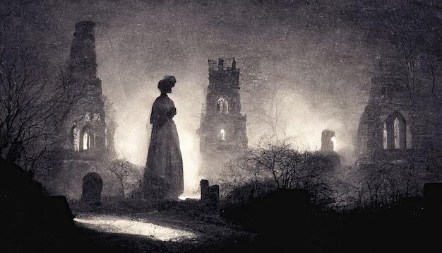 Gloomy dark landscape old Victorian photo style Ghosts in abandoned church ruins 3D illustration