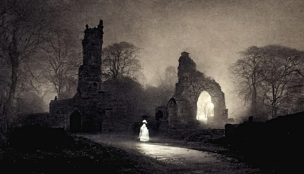 Photo gloomy dark landscape old victorian photo style ghosts in abandoned church ruins 3d illustration