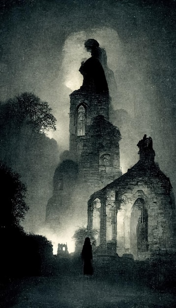 Gloomy dark landscape old Victorian photo style Ghosts in abandoned church ruins 3D illustration