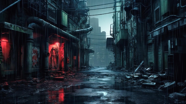 Cyberpunk streets illustration, futuristic city, dystoptic artwork at  night, 4k wallpaper. Rain foggy, moody empty future Stock Illustration