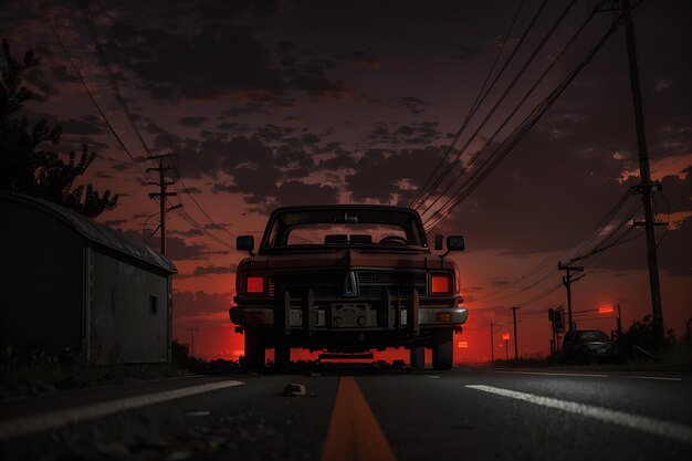 A gloomy dystopian highway with abandoned cars and burning crimson sky Generative AI