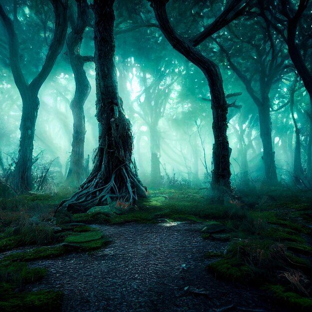 Gloomy forest in the fog