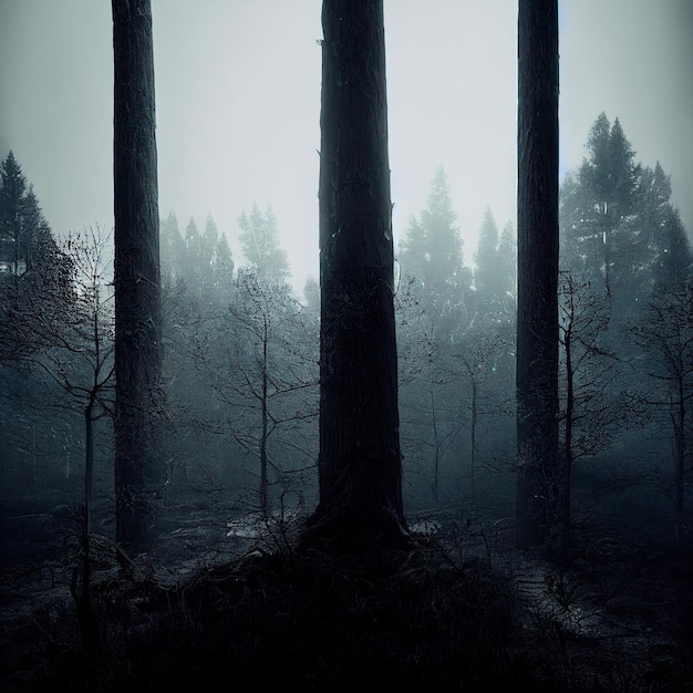 Gloomy forest in gray tones