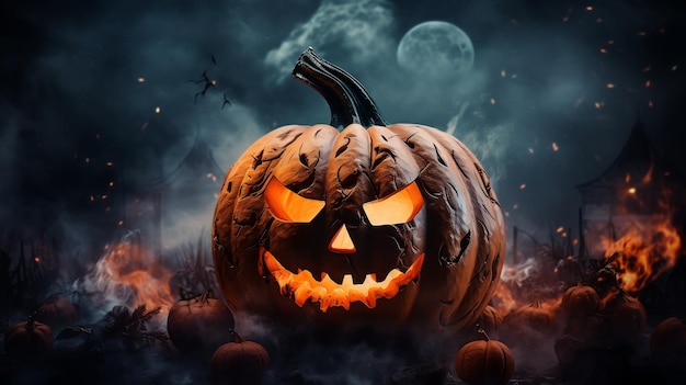 Gloomy Halloween background with spooky pumpkins spooky Halloween haunted mansion Evil house at nigh