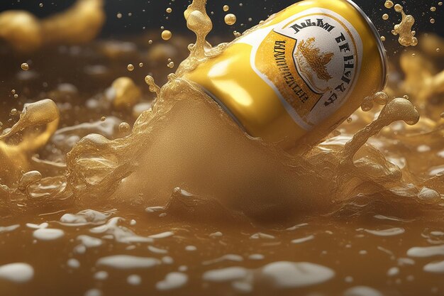 gloomy image of a beer can dumping a yellow liquid beer foams airbubbles spilling and melting down