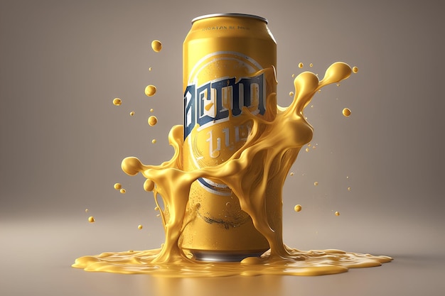ビール缶から黄色い液体ビールの泡が飛び散り、気泡がこぼれて溶けていく暗いイメージ