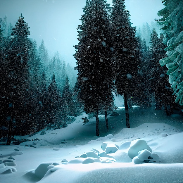 Gloomy image of a snowy forest